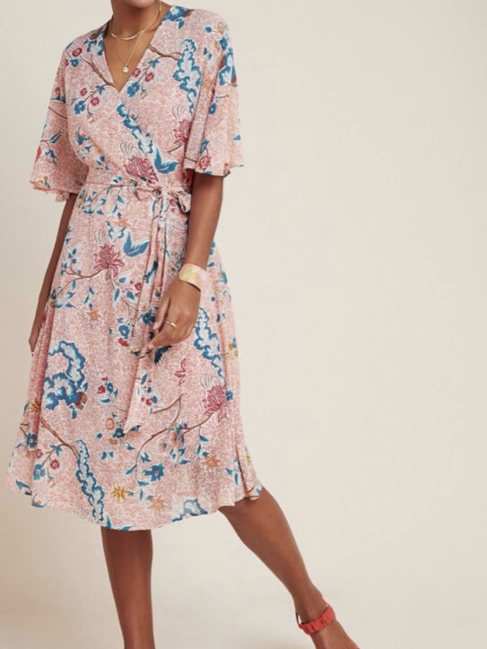Anthropologie Pink Floral Wrap Midi Dress with Blue Accents